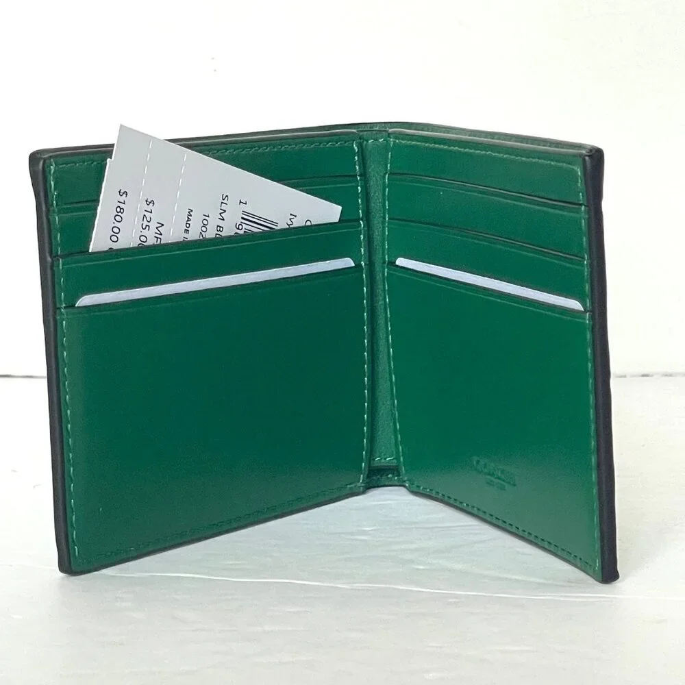 Coach Mens Slim Billfold Wallet Green Croc Embossed Leather